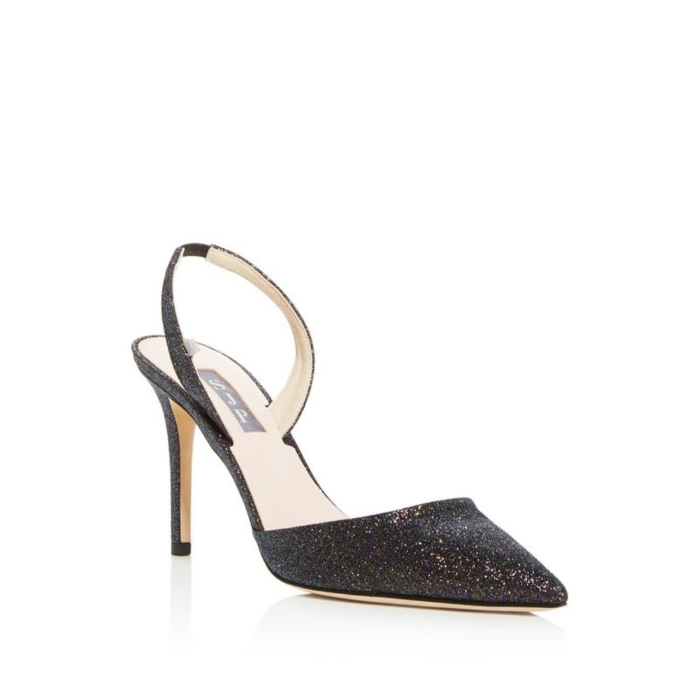 SJP Womens Black Glitter Bliss Pointed Toe Stiletto Slip On Dress Slingback 37.5